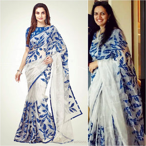 #dearsakhi Vijaya Prasad Bhargav loved the Silver Tissue designer saree with Indigo applique embroidery by SakhiFashionsSaree