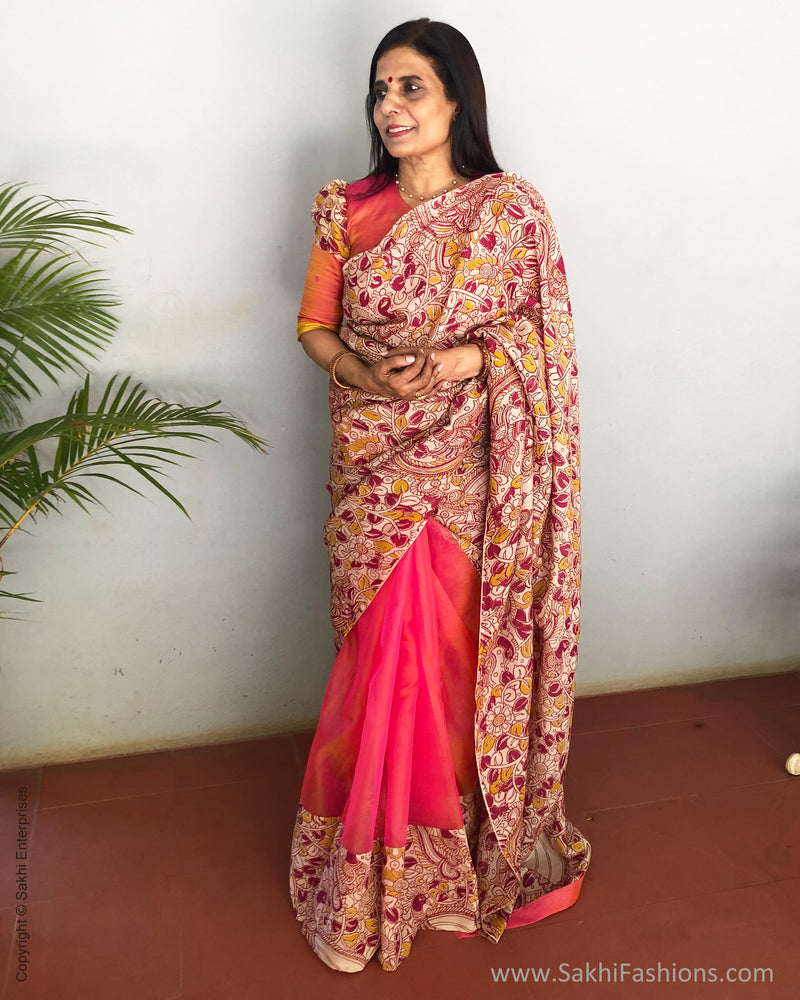 EE-S22766 Peach Organza Kalamkari