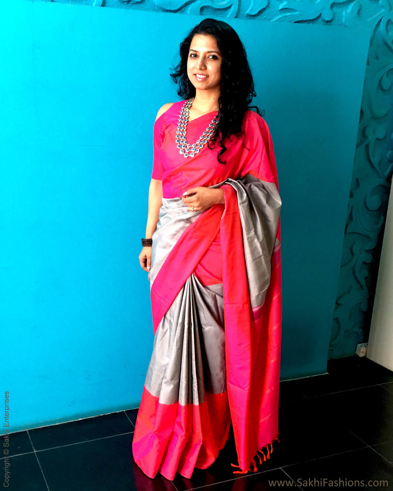 EE-S22785 - Pink & Grey pure Kanchivaram silk saree