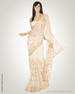 MSN-1640 - Cream & Gold Pure Georgette Saree