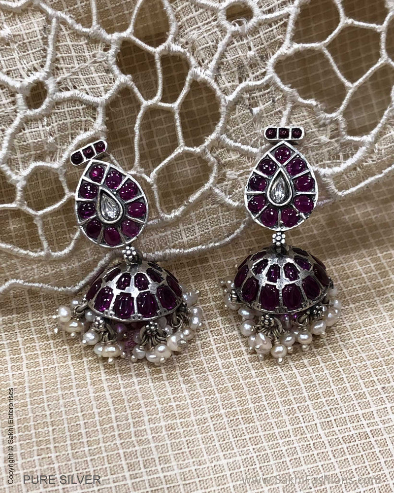 ASDS-24159 Silver Earring With Maroon Stone