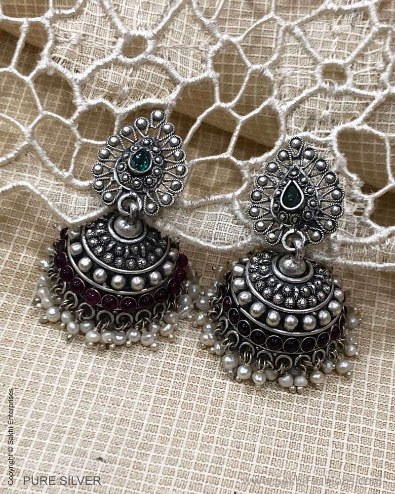 ASDS-24169 Silver Earring With Maroon Stone