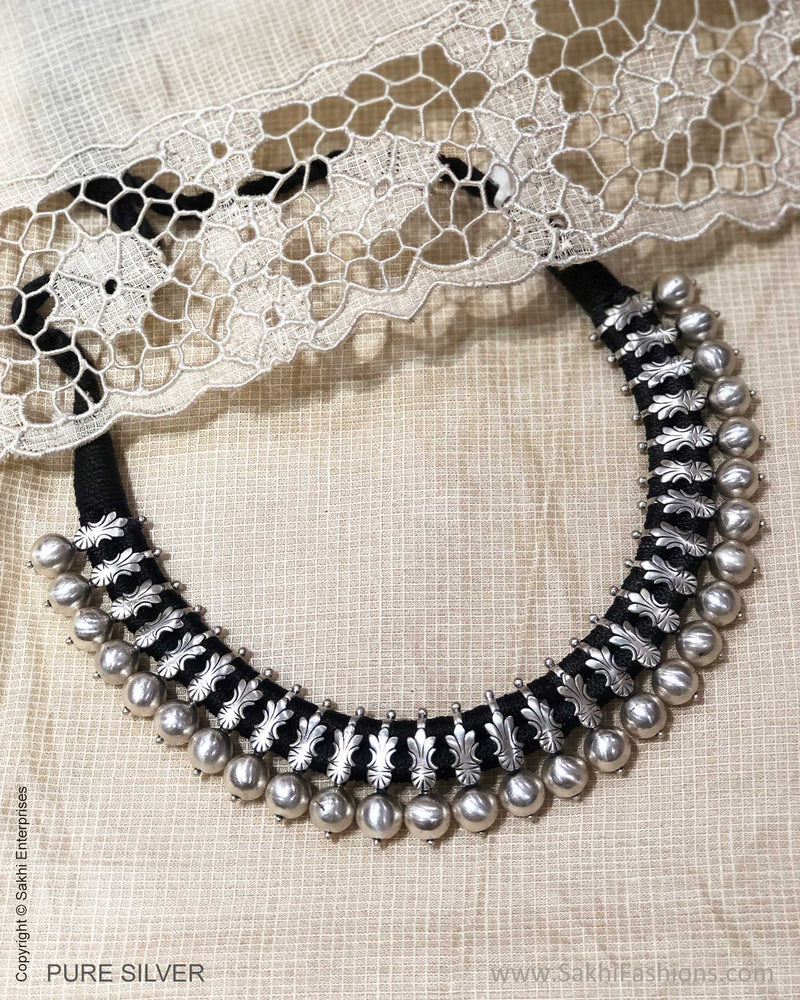 ASDS-24721- Pure Silver With Bullets With Black Thread Necklace