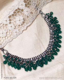 ASDS-24723 - Pure Silver With Green Beeds Necklace