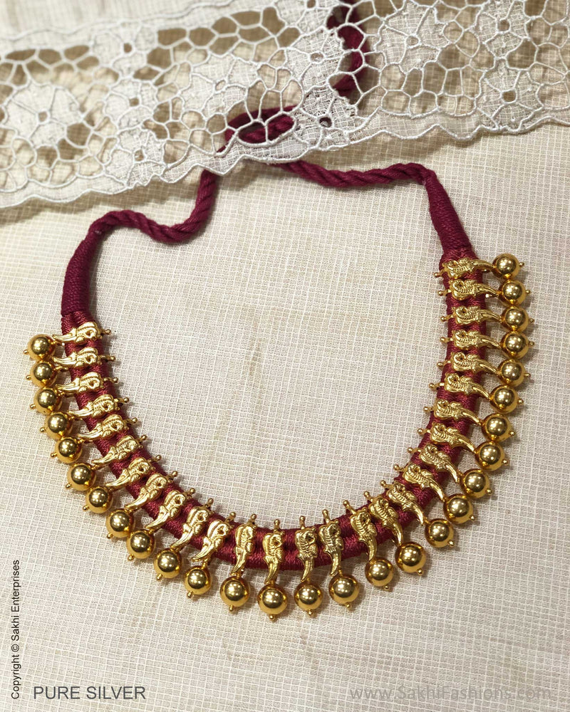 ASDS-24725 - Pure Silver With Gold Plated Bullets & Maroon Color Thread Necklace