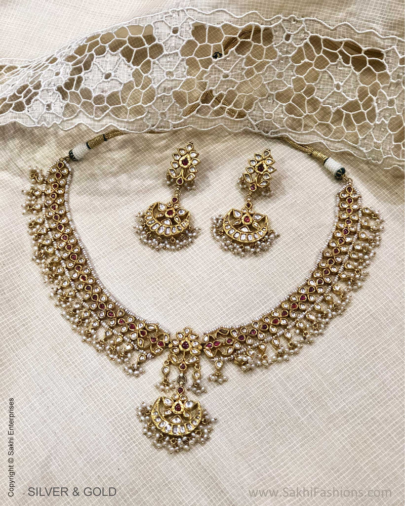 ADDS-24842 - Pure Gold & Silver With Multi Stone & Pearl Kundan Designed Necklace & Earring