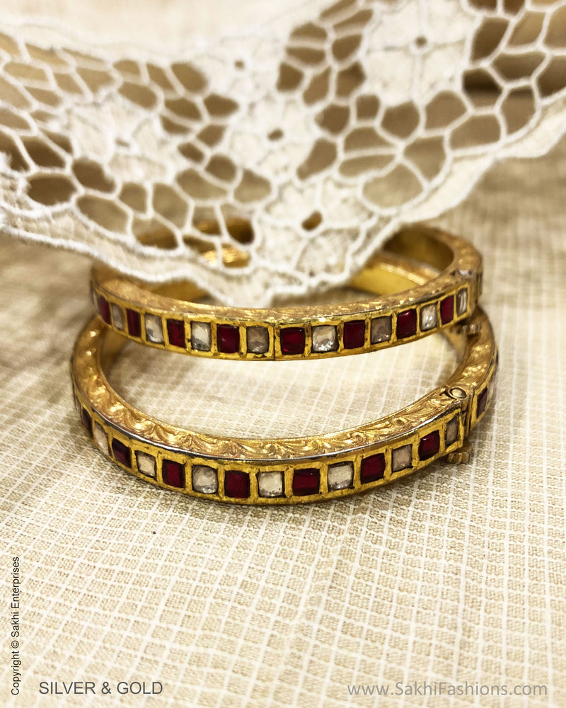 ADDS-24848 -Pure Gold & Multi Stone & Pearl Designed Bangle