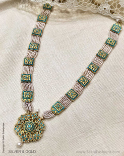 ADDS-24851 - Pure Gold & Silver With Blue Stone & Pearl Kundan Necklace