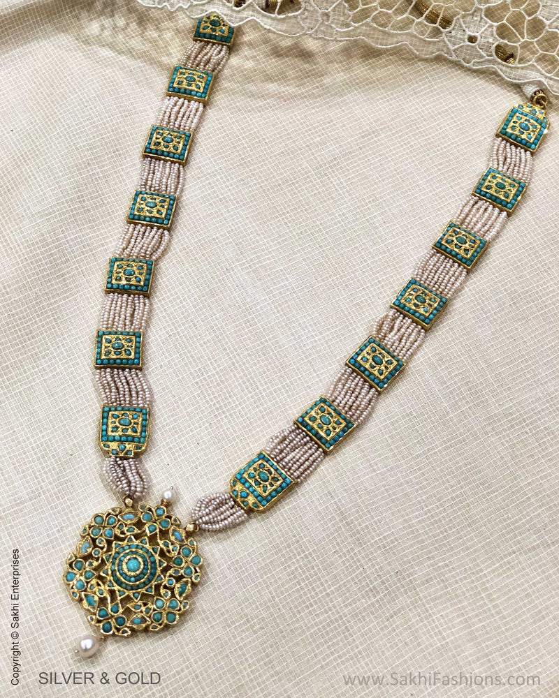 ADDS-24851 - Pure Gold & Silver With Blue Stone & Pearl Kundan Necklace