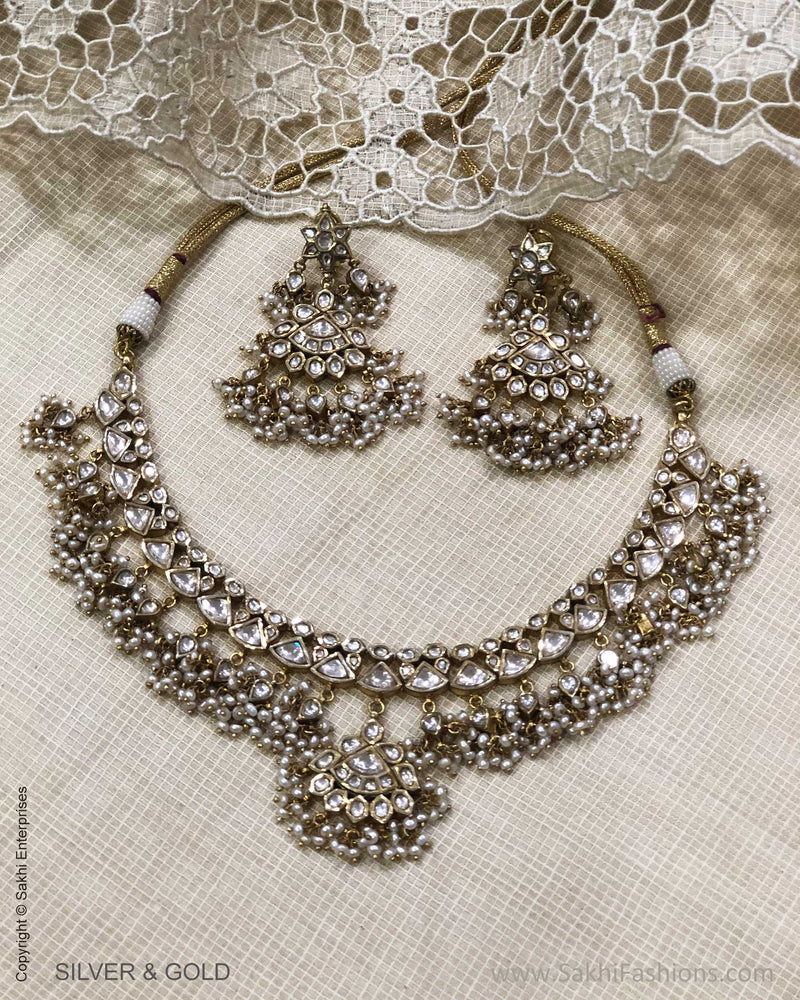 ADDS-24852 - Pure Gold & Silver With Multi Stone & Pearl Kundan Necklace & Earring