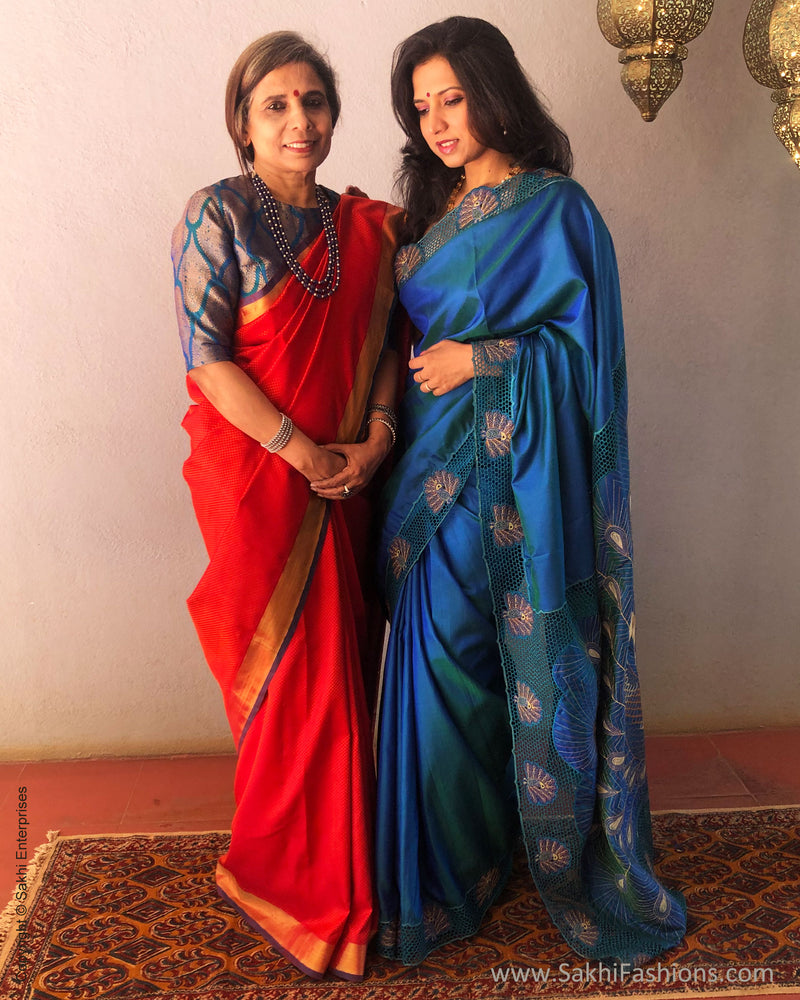 Tvis and Bliss Parrot Green and Peacock Blue Bhagalpuri Silk Saree with  Temple Border