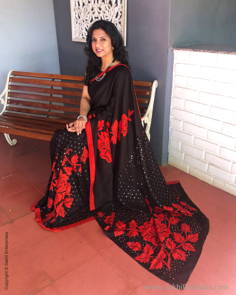 EE-S32150 Black Red Cutwork Saree