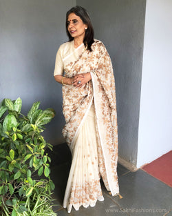 EE-S37128 Cream Embroidery Sari