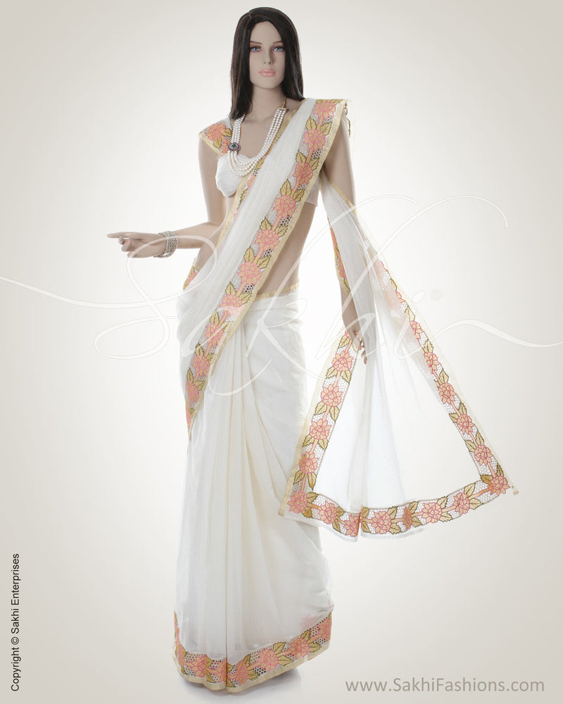 White & Pink Silk Kota Saree