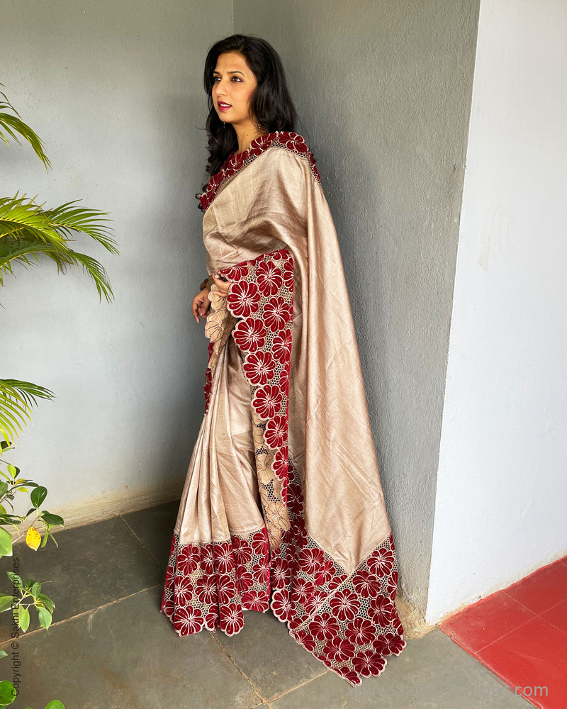EE-S56096 Tussar Plum Cutwork