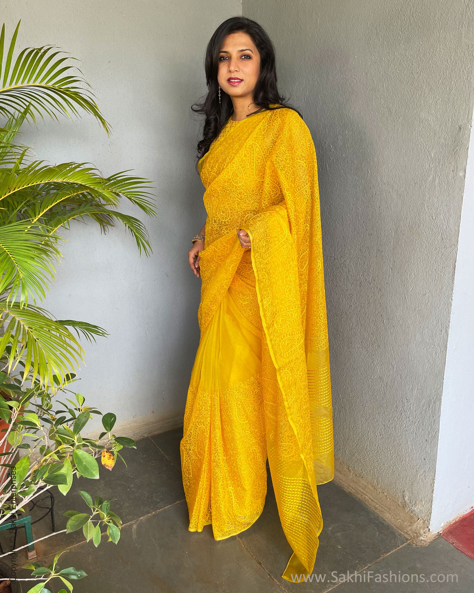 EE-S54566 Yellow Embroidery Sari – sakhifashions