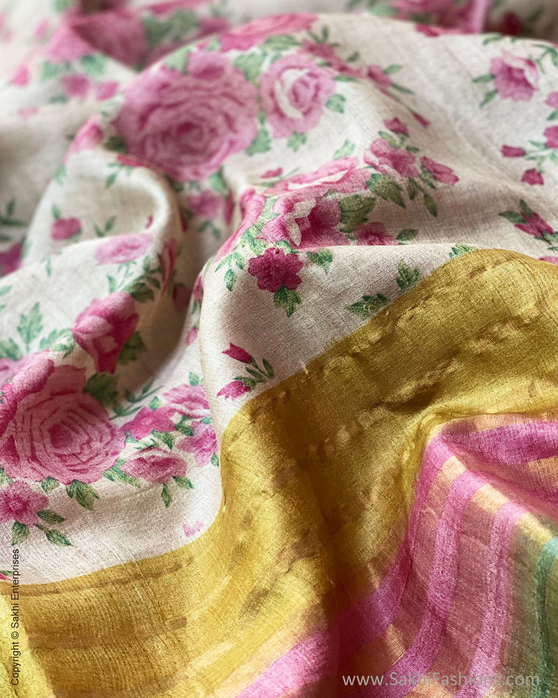 EE-S57622 Cream Floral Tussar sari