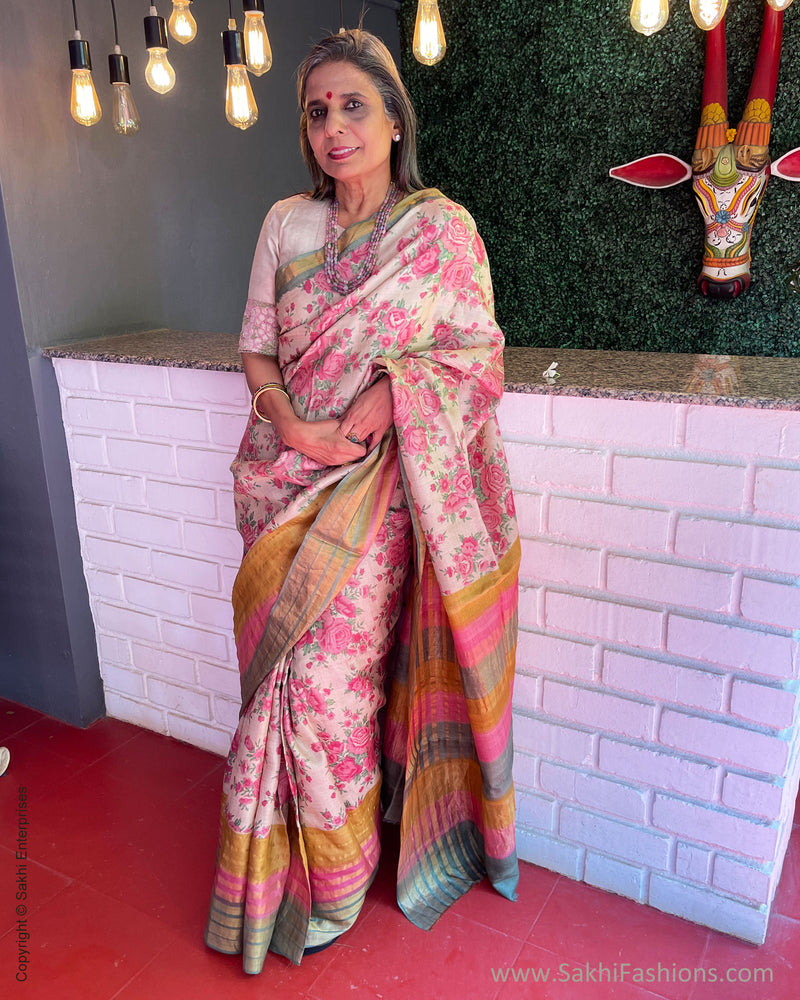 EE-S57622 Cream Floral Tussar sari
