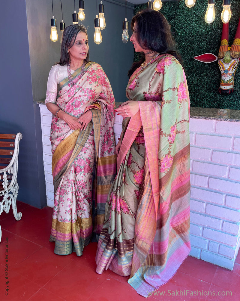 EE-S57622 Cream Floral Tussar sari