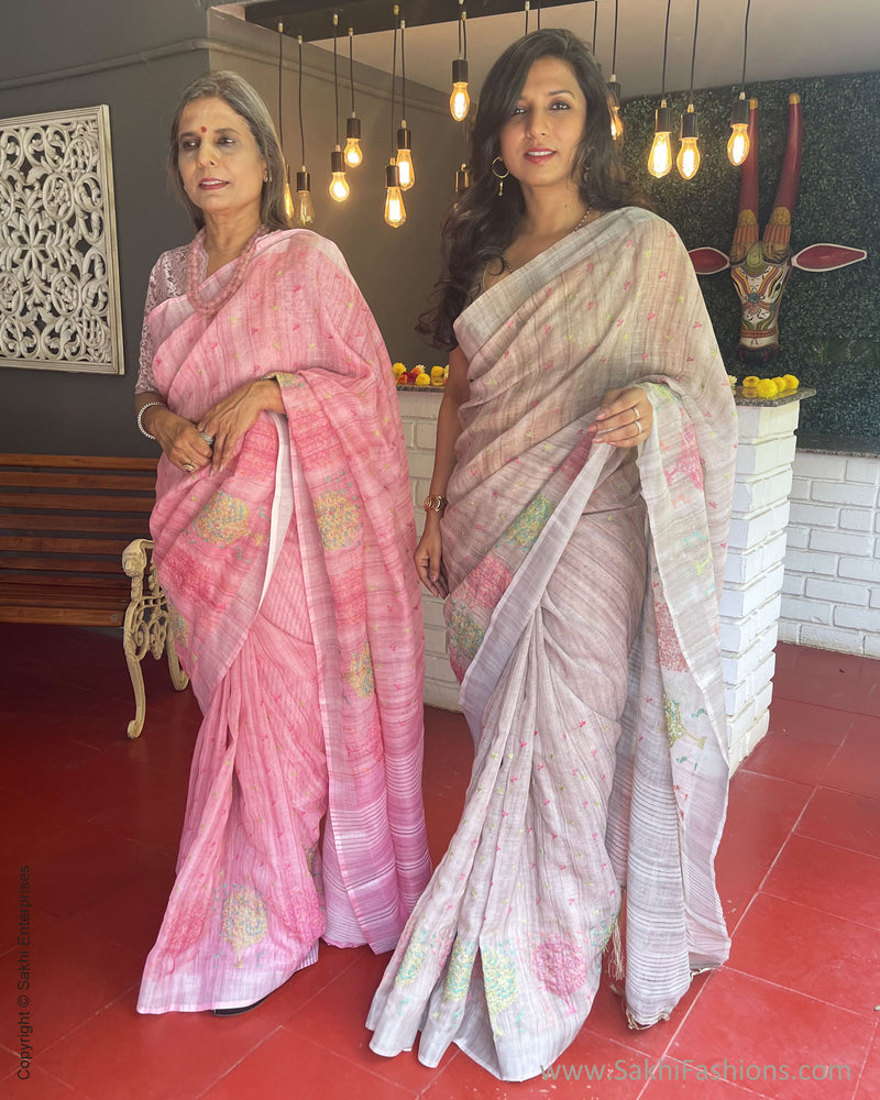 EE-V01089 Pink Linen emb Sari