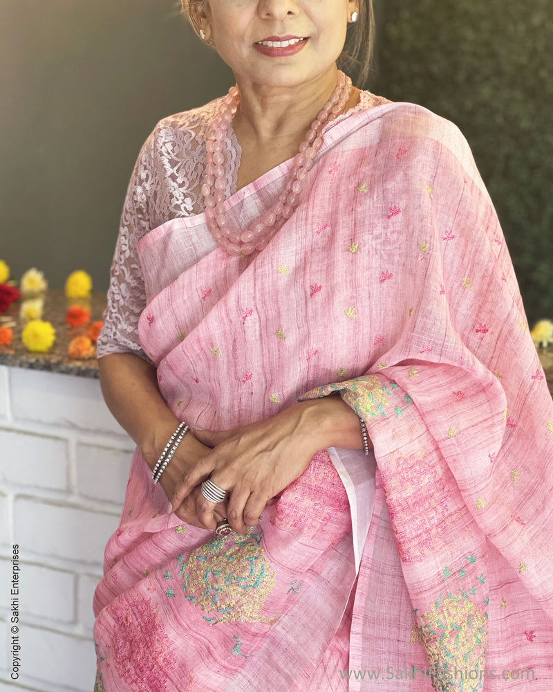 EE-V01089 Pink Linen emb Sari