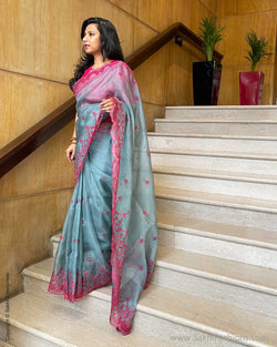 EE-V19846 Grey Pink Organza Sari