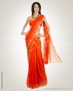 MSM-23225 - Orange & Gold Pure Georgette Saree