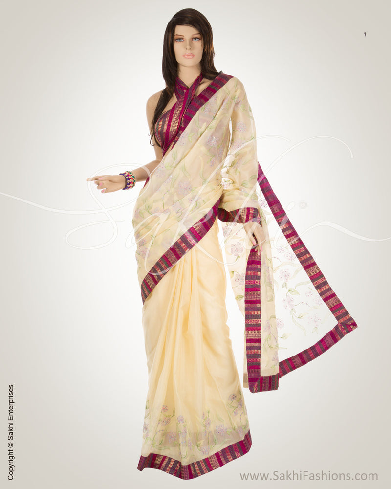 MSM-12117 - Cream & Multi Pure Organza Silk Saree