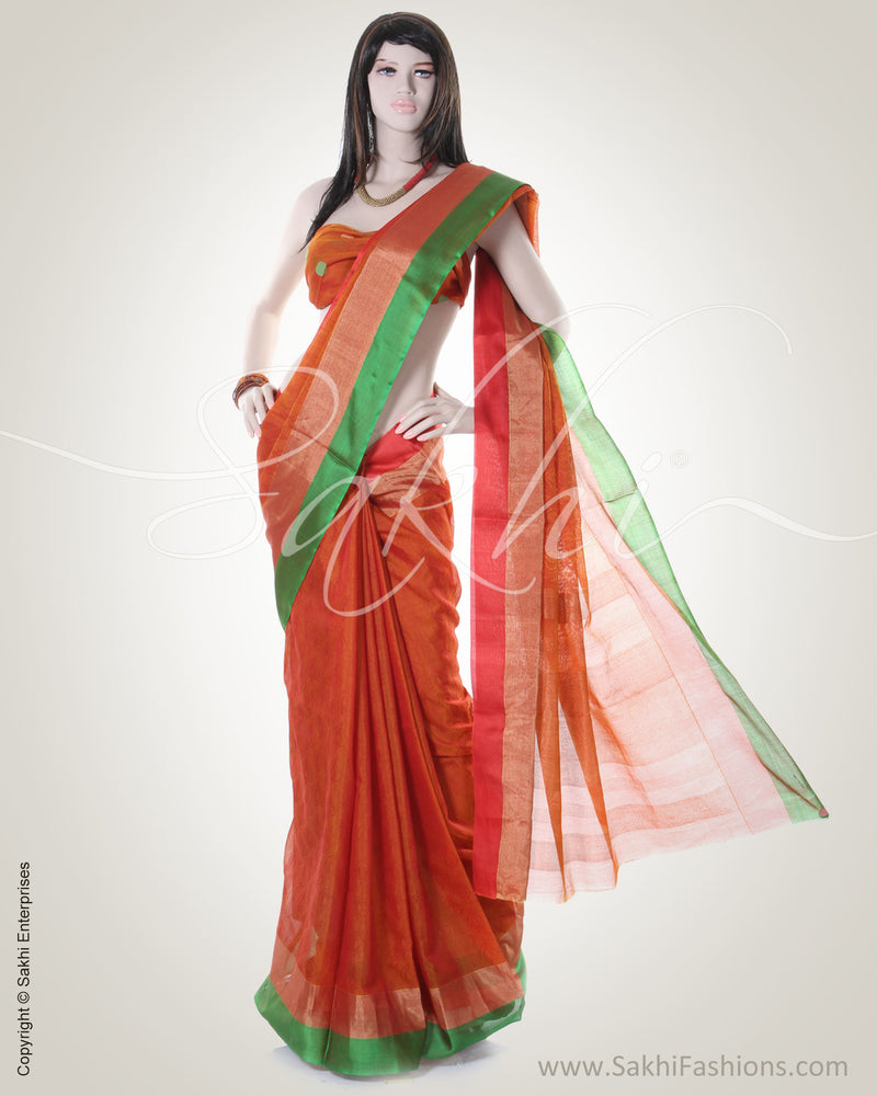 BGN-DB0 Orange & Green Silk & Cotton Saree