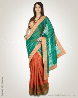 BGN-12272 Green & Peach Pure Tussar Silk Saree