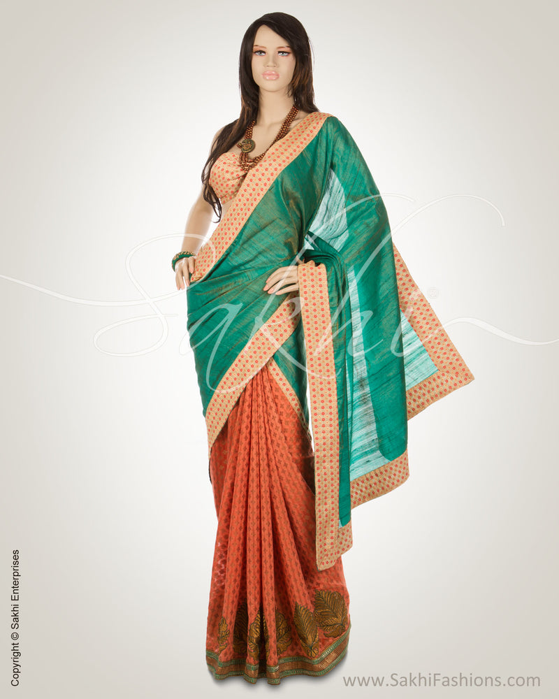 BGN-12272 Green & Peach Pure Tussar Silk Saree