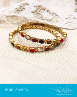 ASDS-21520 - Silver & multi pure Silver Navarathna Bangle