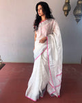 EE-R9316 - White  pure Linen saree