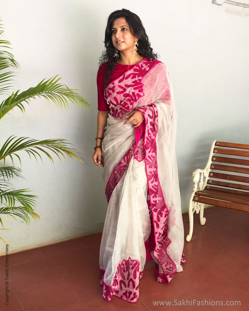 EE-S11862 - Silver & pink pure Tissue kotta saree