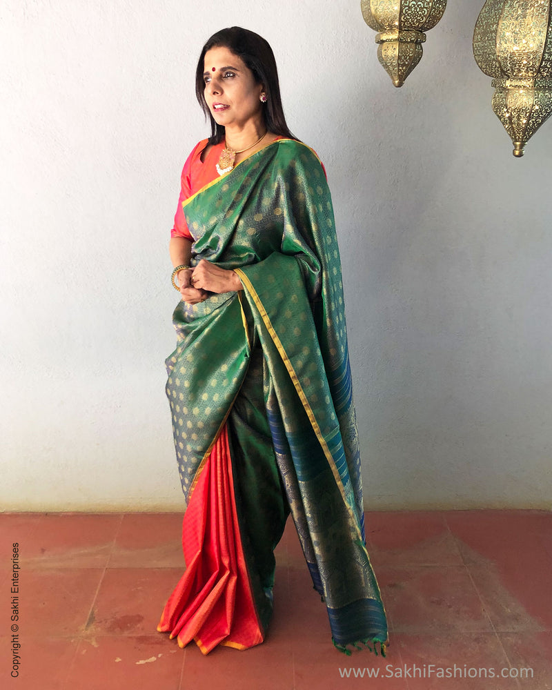 EE-S14277 - Green & Pink Pure Kanchivaram  Silk Saree