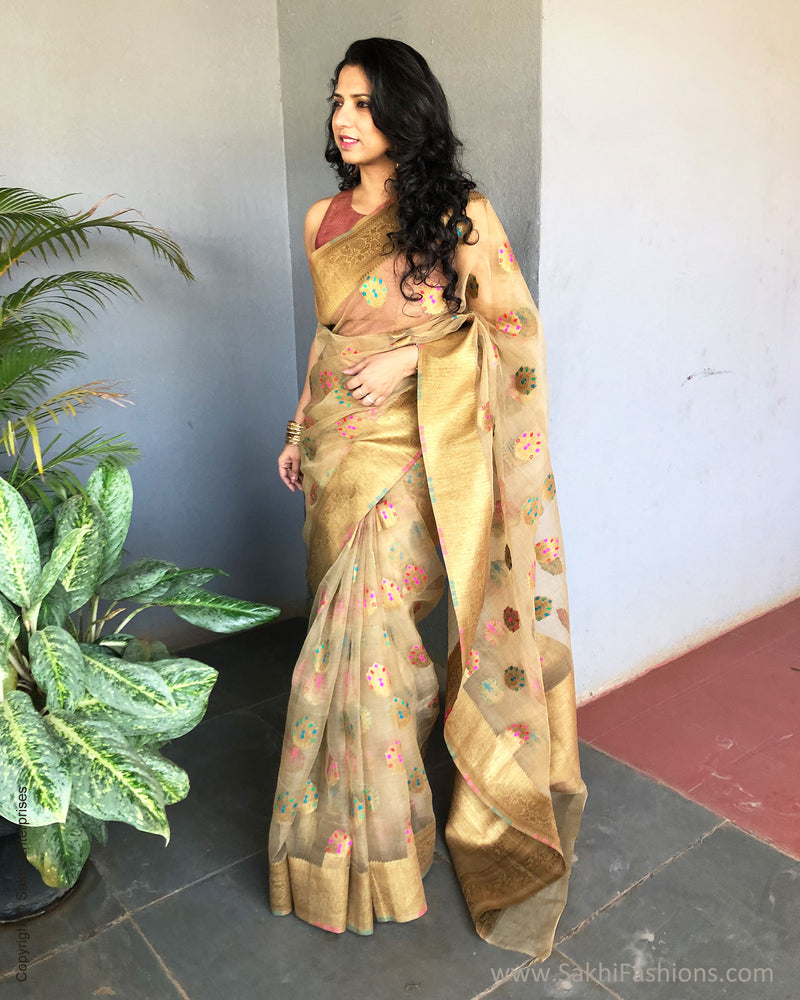 EE-S18221 - Beige Banarsi Kora/Organza Silk Saree