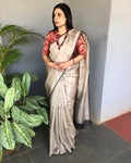 EE-S19412 - Beige & Black pure Kora Silk Saree
