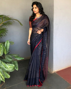 EE-S19413 - Blue & Red pure Kora Silk Saree