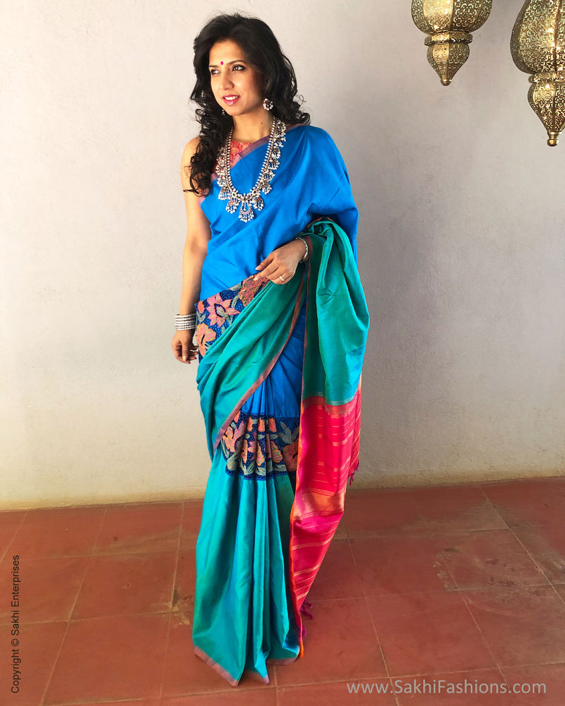EE-S19462 - Blue& green pure Kanchinaram Silk Saree