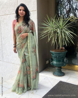 EE-S20061 - Green Faux Chanderi Saree
