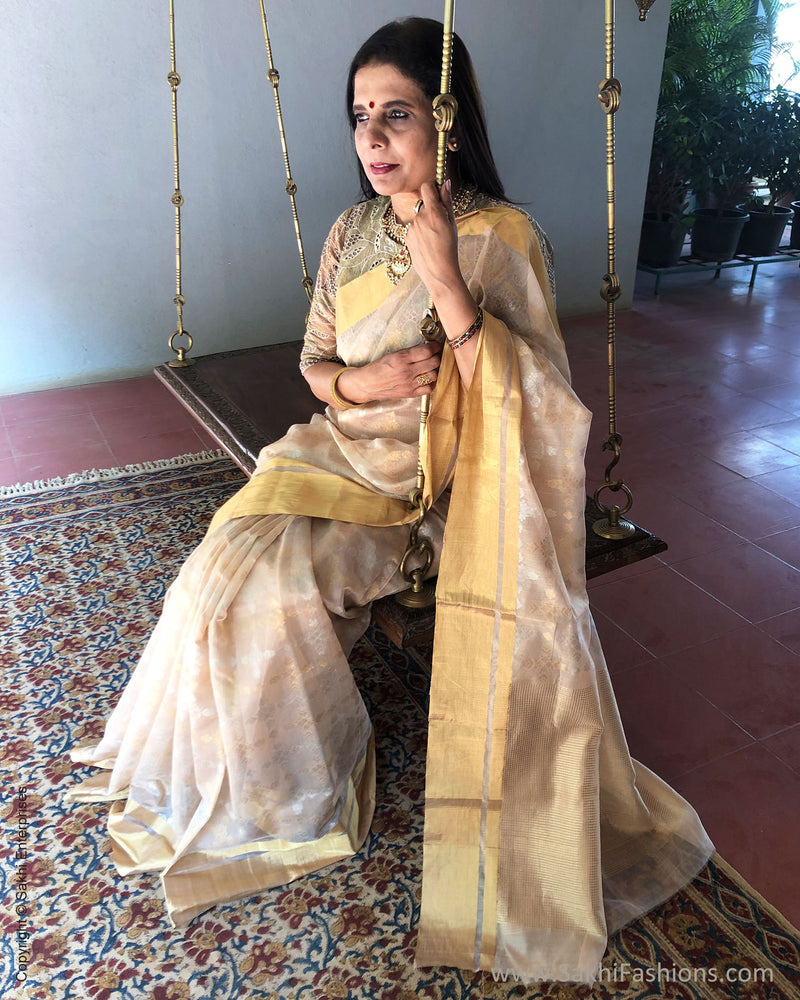 EE-S21047 - Beige pure Chanderi Saree