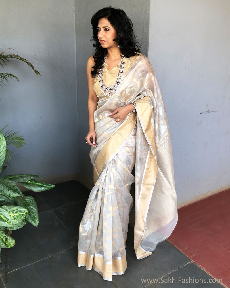 EE-S21050 - Grey pure Chanderi Saree