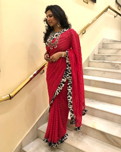 EE-S21162 - Pink & black Faux Georgette saree