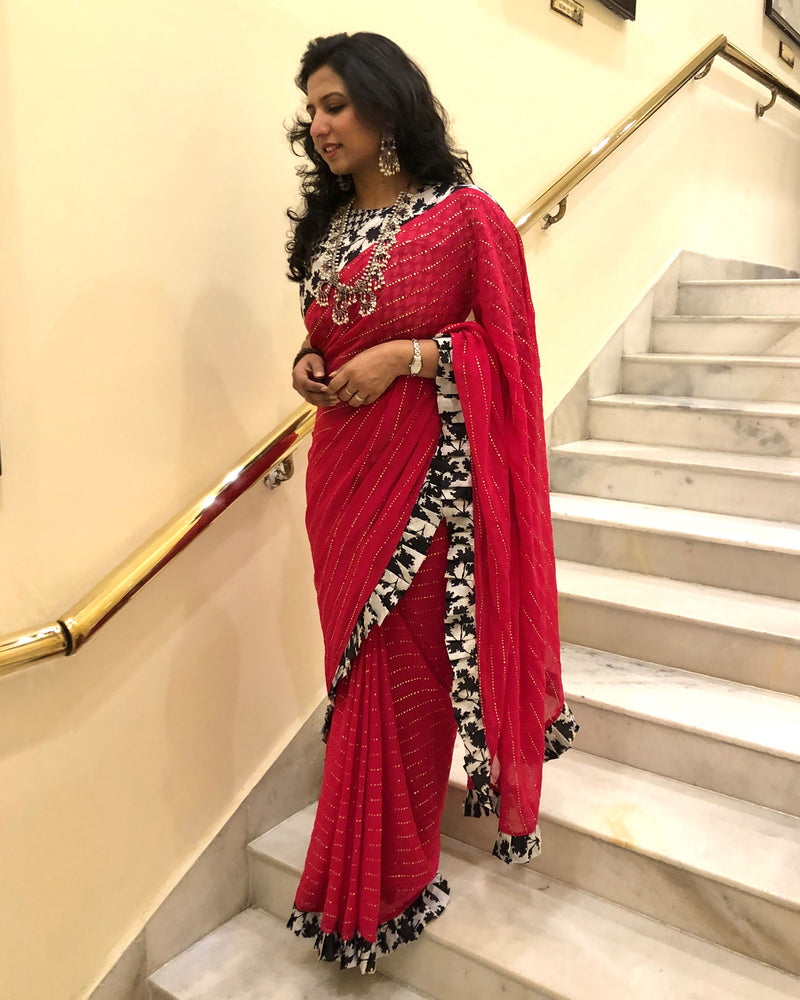 EE-S21162 - Pink & black Faux Georgette saree