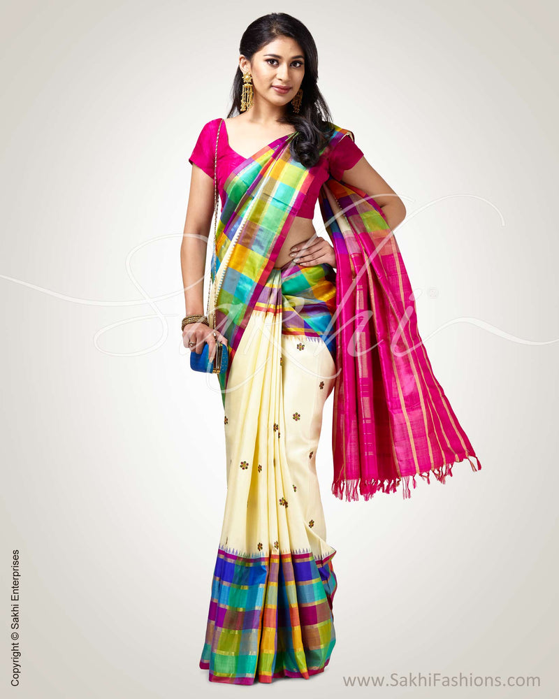 SR-0905 - Cream & Multi pure Kanchivaram silk saree