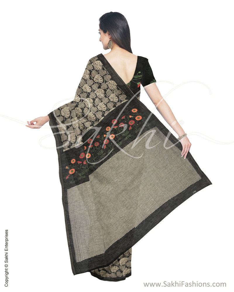 IMS-19647 - Black & Beige Faux Linen Saree