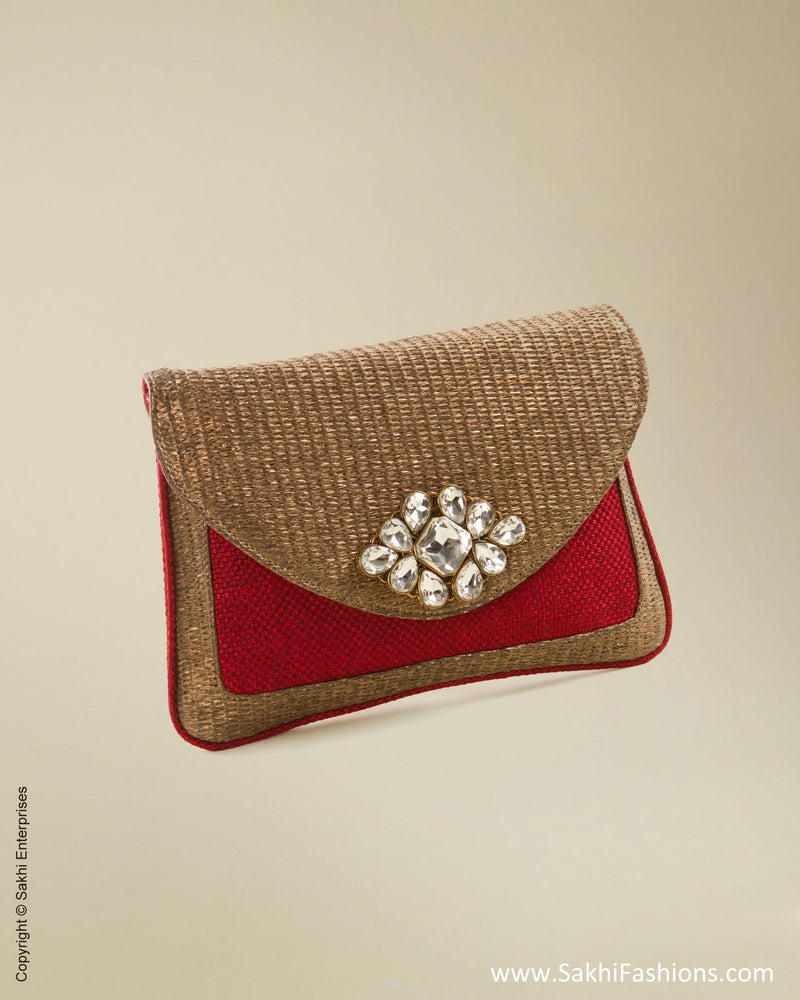 AC-0039 Red & Brown Jute Clutch