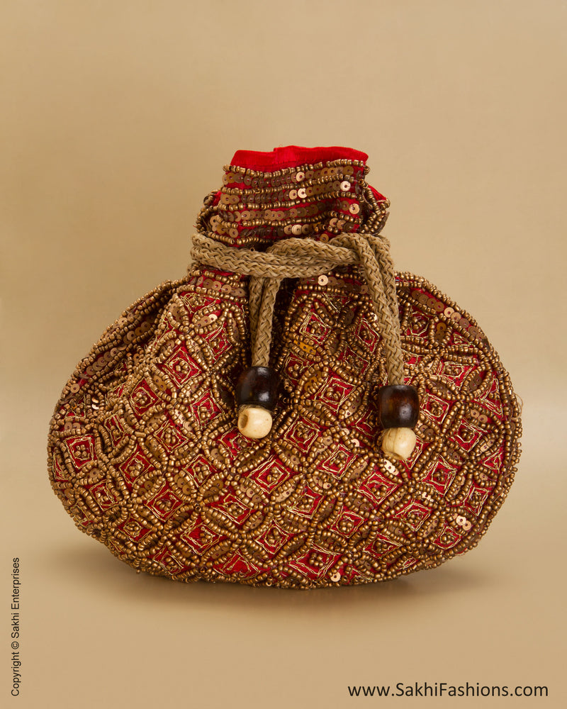 AC-0059 Red & Antique Silk Potli Bag