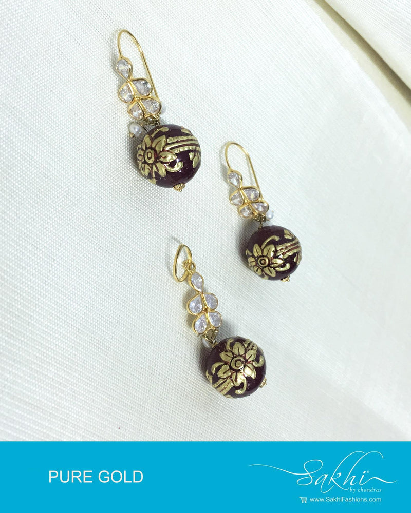 AGDP-20589 - Gold & Maroon Pure Gold Earring & Pendant