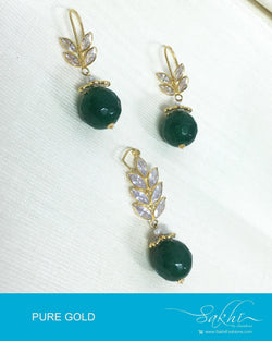 AGDP-20591 - Gold & Green Pure Gold Earring & Pendant